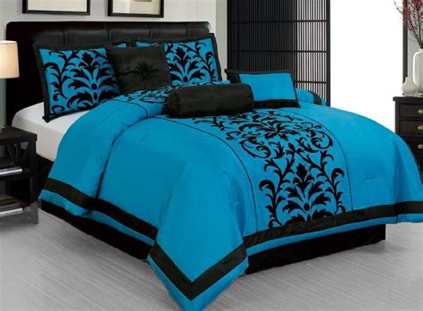 100% polyester set includes comforter (104w x 92l), two king shams (20w x 36l each), bedskirt (72 bring rustic style to your bedroom with the turquoise river cal king bed set. 13-PC Turquoise Black Flocking Comforter Sheet Set King ...