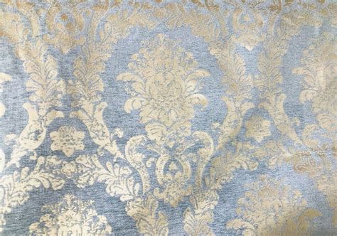 Designer Velvet Chenille Burnout Damask Upholstery Fabric Blue And Gold