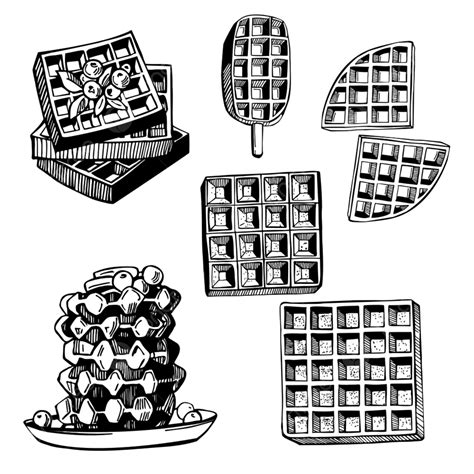 Conjunto De Waffles Belgas Desenhados à Mão Png Fundo Café Gourmet