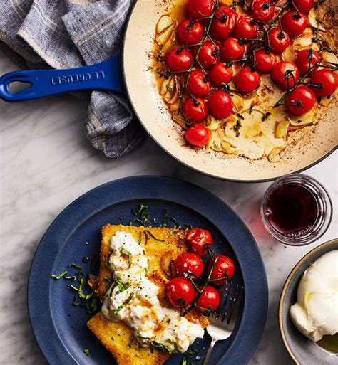 Pan Fried Polenta With Blistered Tomatoes And Burrata