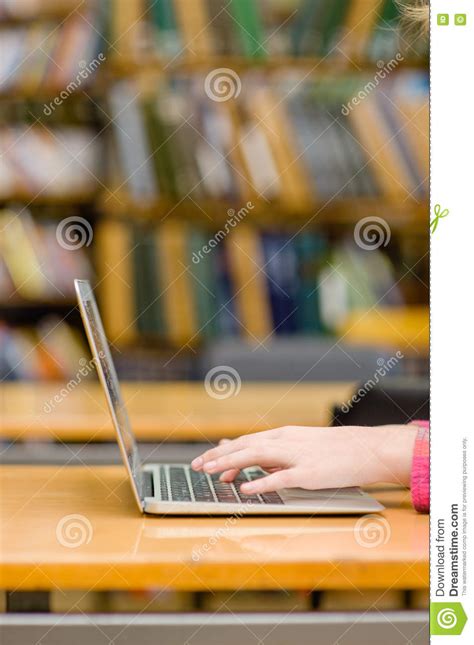 Hands Typing On Notebook In Library Stock Image Image Of Digital