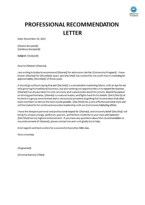 Professional Recommendation Letter Templates At