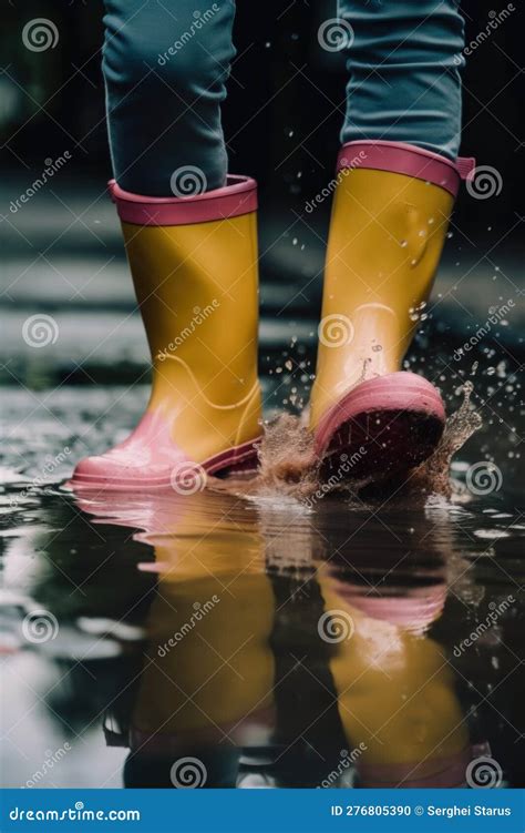 A Person In Yellow Rain Boots Splashing In A Puddle AI Generative Image Stock Illustration