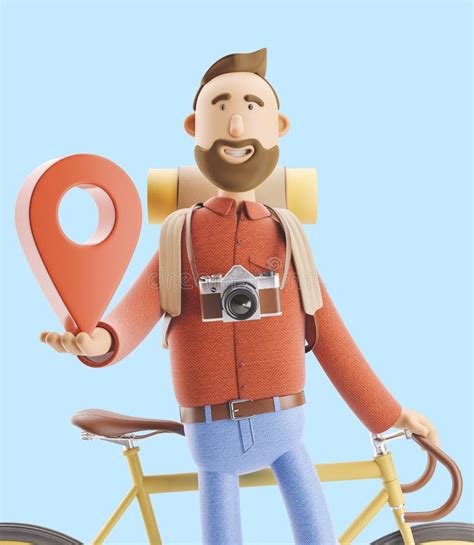 Cartoon Character Tourist Stands With A Large Map Pointer In His Hands