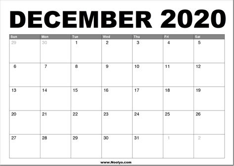 December 2020 Calendar Printable Free Download
