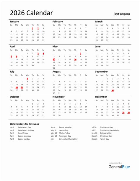 Standard Holiday Calendar For 2026 With Botswana Holidays