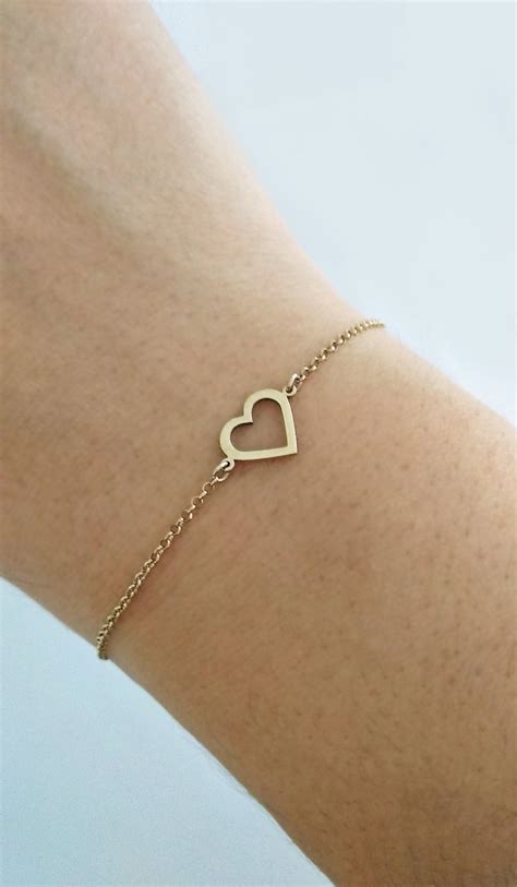 14k 9k Gold Heart Bracelet Open Heart Bracelet Solid Gold Etsy Uk