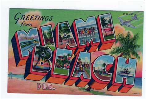 Linen Postcard Greetings From Miami Beach Florida Large Letter