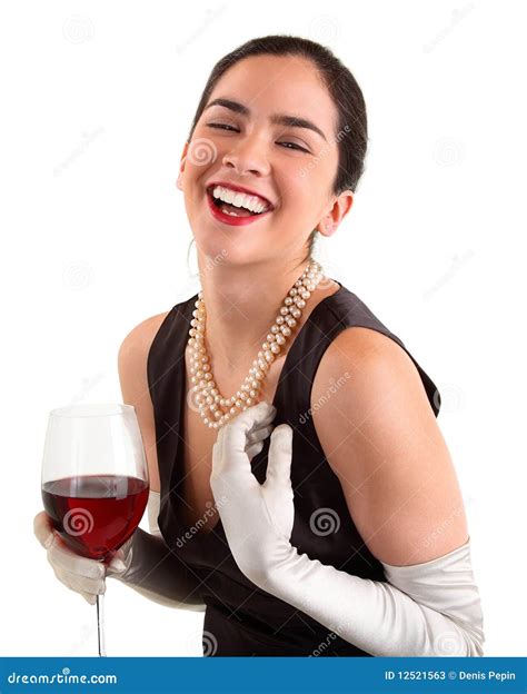 Frau Die Ein Glas Wein Und Lachen Anhält Stockbild Bild Von Formell Urkomisch 12521563