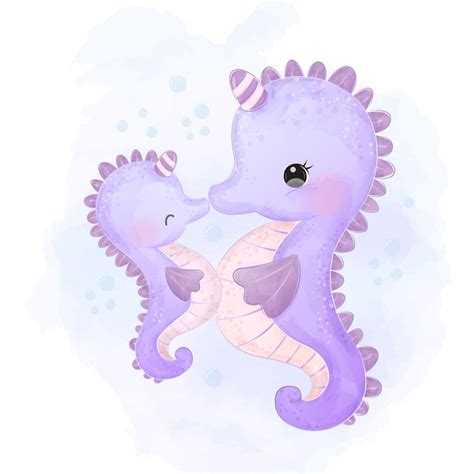 Premium Vector Adorable Seahorse Motherhood Illustration In Watercolor