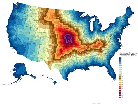 Oc How Many Counties Is A Given County From A Shoreline In The United