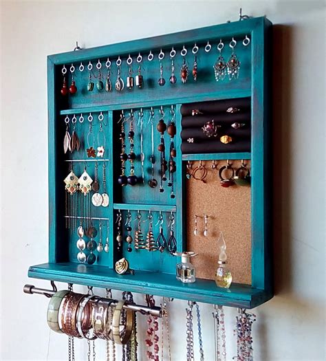 Jewelry Display Earrings Rack Necklace Holder Turquoise Distressed