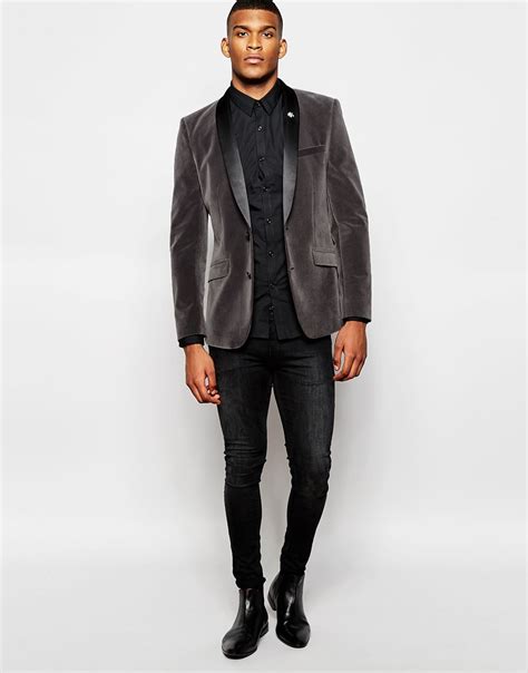 Asos Skinny Blazer In Velvet In Grey Gray For Men Lyst