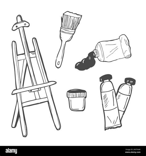 Artist Tools Sketch Hand Drawn Set Vector White And Black Desing Stock