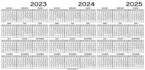 2023 And 2024 And 2025 Calendar Printable 3 Year Calendar Template