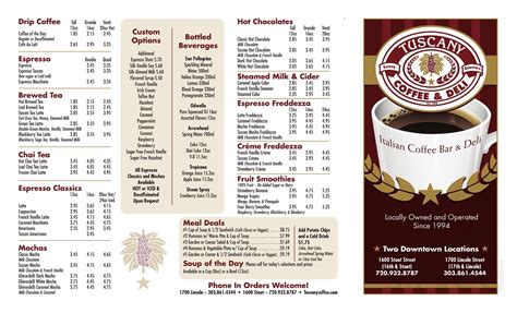 Tuscany Coffee And Deli Menu In Denver Colorado Usa