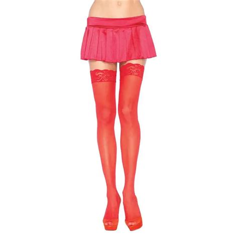 shop leg avenue sexy sheer red hold up stockings with lace tops — peaches and screams