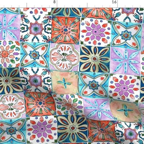 Spanish Tile Linen Fabric Yard Etsy
