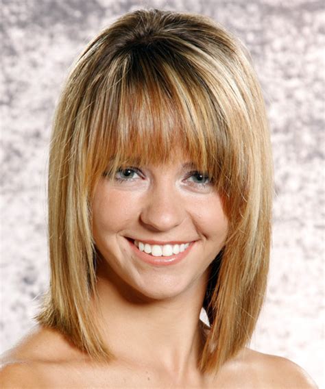 These blonde bangs dark hair will fit snugly to any natural hair size, types, and style to give the wearers an impressive look and lightweight feel. Medium Straight Dark Blonde Hairstyle with Layered Bangs