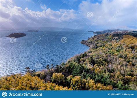 Beautiful Nature Scene With Lake Forest And Cloud Sky Yellow And