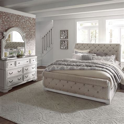 magnolia manor antique white queen upholstered sleigh bed stopbedrooms