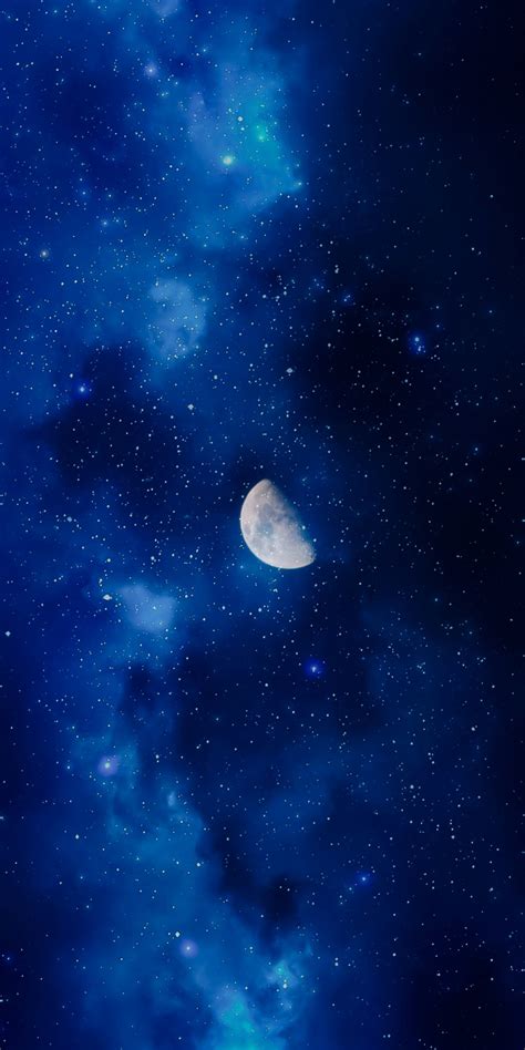 Download 1080x2160 Wallpaper Moon Night Stars Clouds Half Moon