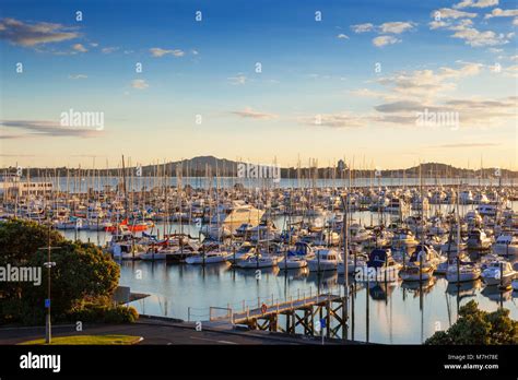 Westhaven Marina Auckland And The Volcano Rangitoto At Sunrise Stock