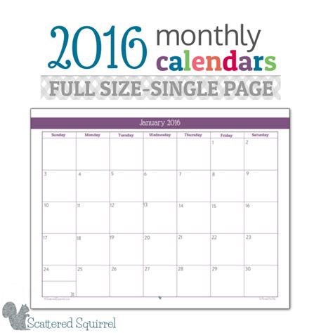 2016 Monthly Calendar Printables Full Size Edition