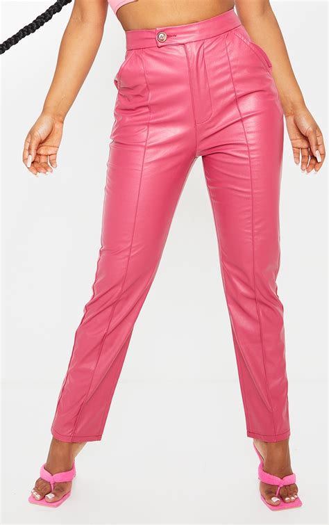 Hot Pink Faux Leather Pintuck Straight Leg Trousers Prettylittlething Aus