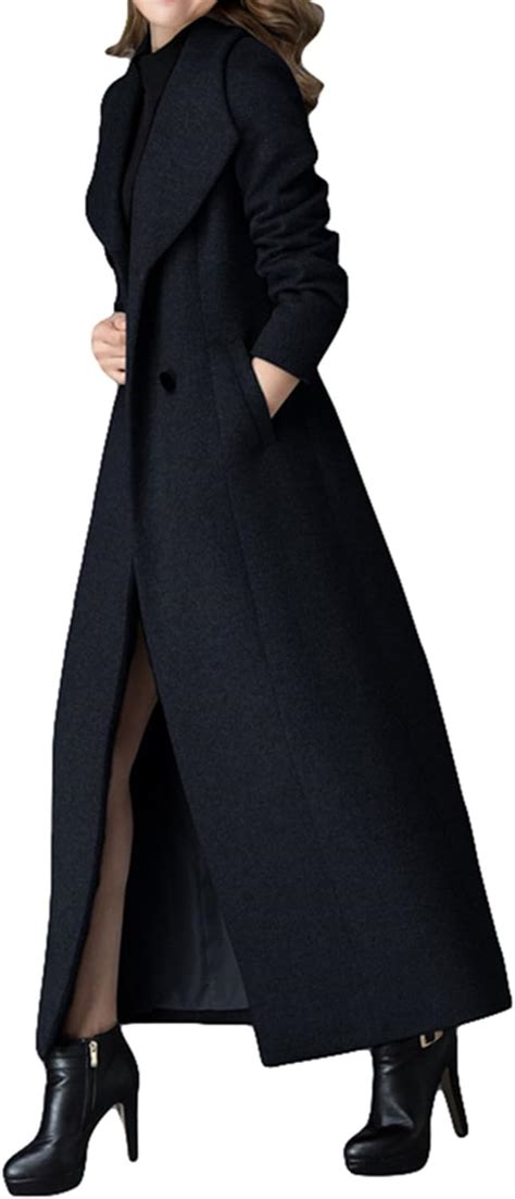 Plaer Womens Cashmere Coat Long Trench Coat Black Woolen Coat Amazon