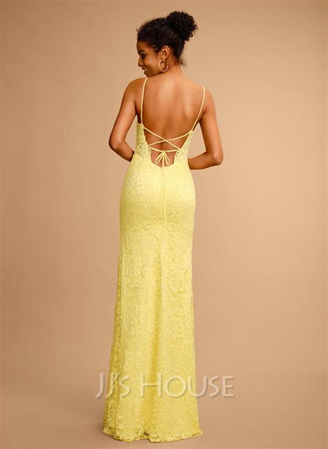 Sheathcolumn V Neck Floor Length Lace Prom Dresses With Rhinestone