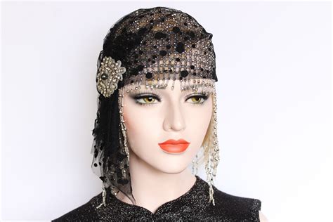 Gatsby Headpiece Black Silver 1920s Gatsby Dress Flapper Headpiece 20s Juliet Cap Wedding Veil