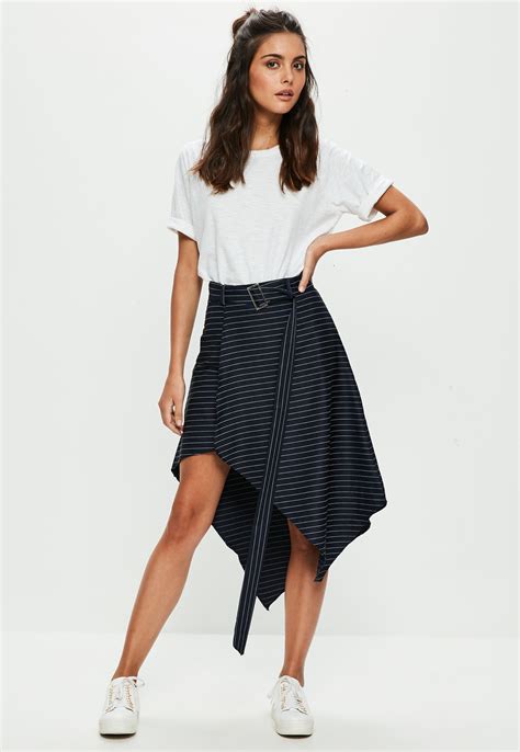 Lyst Missguided Navy Wrap Pinstripe Skirt In Blue