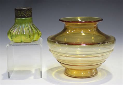 An Art Nouveau Iridescent Glass Vase With Metal Collar Probably Kralik