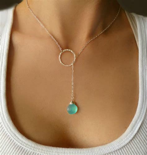 Silver Lariat Necklace Aqua Chalcedony Necklace Long Beaded Lariat