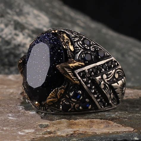 Blue Stone Mens Ring Large Stone Ring Men Gemstone Ring Etsy