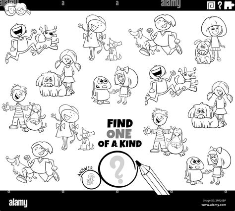 One Of A Kind Game With Cartoon Kids And Dogs Coloring Page Stock