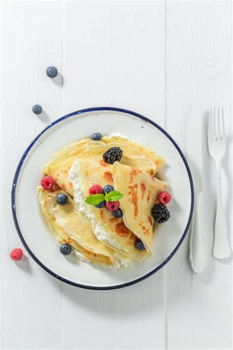 Sweet Pancakes With Cottage Cheese And Berries And Powder Sugar Stock
