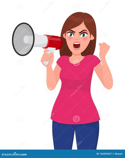 Angry Woman Holding A Megaphoneloud Speaker Raising Fist And