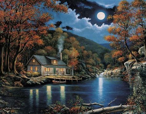 Moonlight Night Cabin Painting Canvas Pinterest Cabin Night And