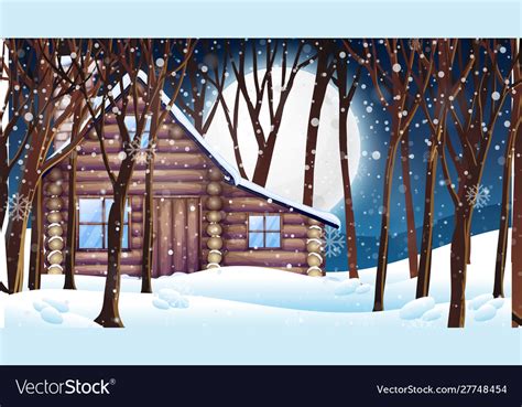 Scene With Wooden Hut In Snow Winter Royalty Free Vector