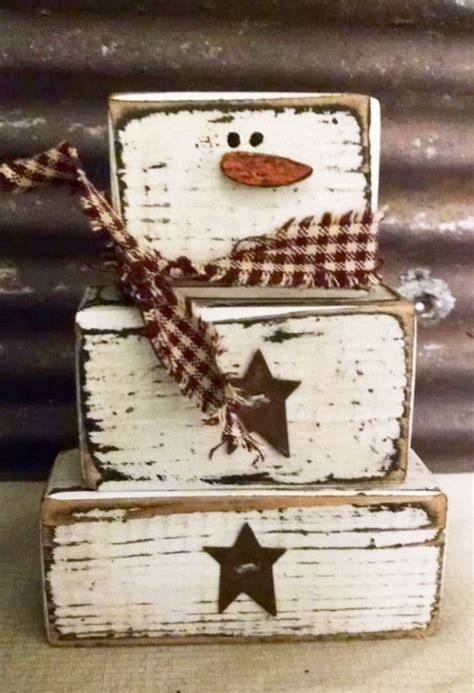 Cute Handmade Primitive Stacking Wood Blocks Snowman W Rusty Stars By