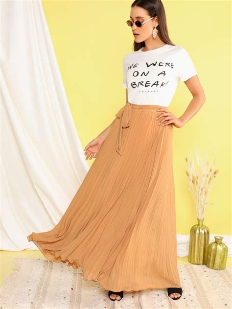 Solid Belted Pleated Maxi Skirt Shein Pleated Maxi Skirt Maxi