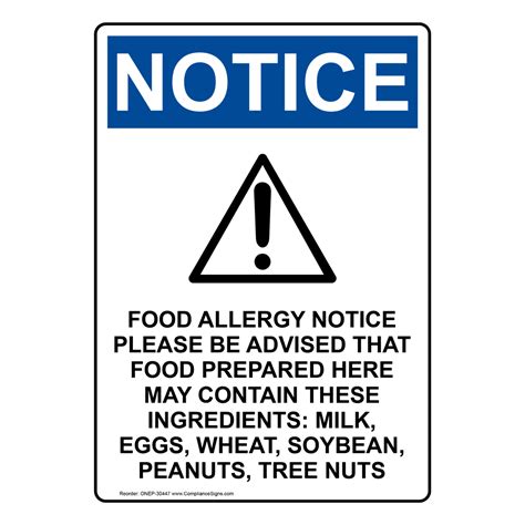 Vertical Food Allergy Notice Sign Osha Notice