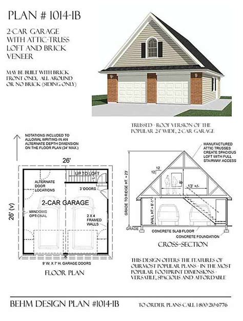 2 Car Brick Garage Plan With Loft 1014 1b 26 X 26 By Behm Loft Plan