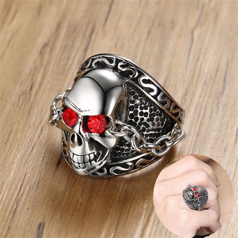 buy men s stainless steel skull ring with chained red eyes bands punk biker