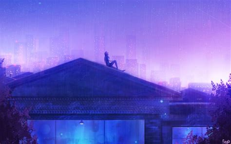 Download 2048x1152 Anime Girl Rooftop Stars Raining
