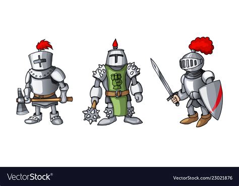 Cartoon Colored Three Medieval Knights Prepering Vector Image