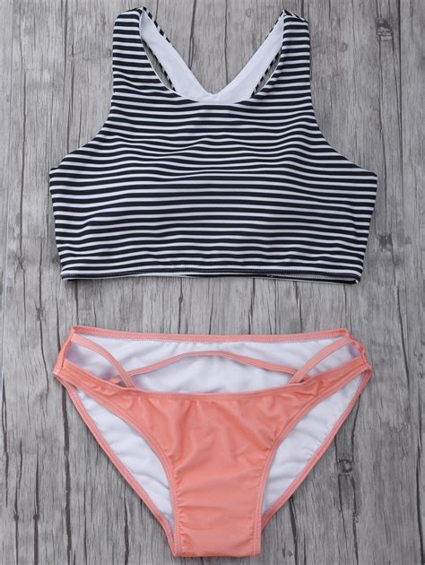 16 OFF High Neck Striped Cutout Bikini Set Rosegal