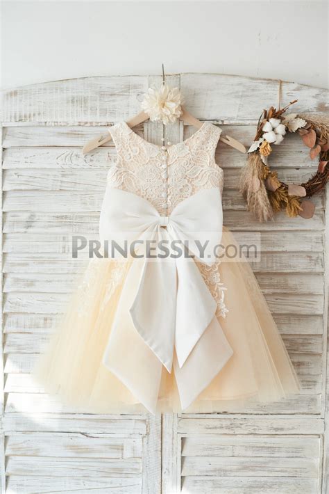 Ivory Lace Champagne Tulle Wedding Flower Girl Dress With Big Bow Avivaly